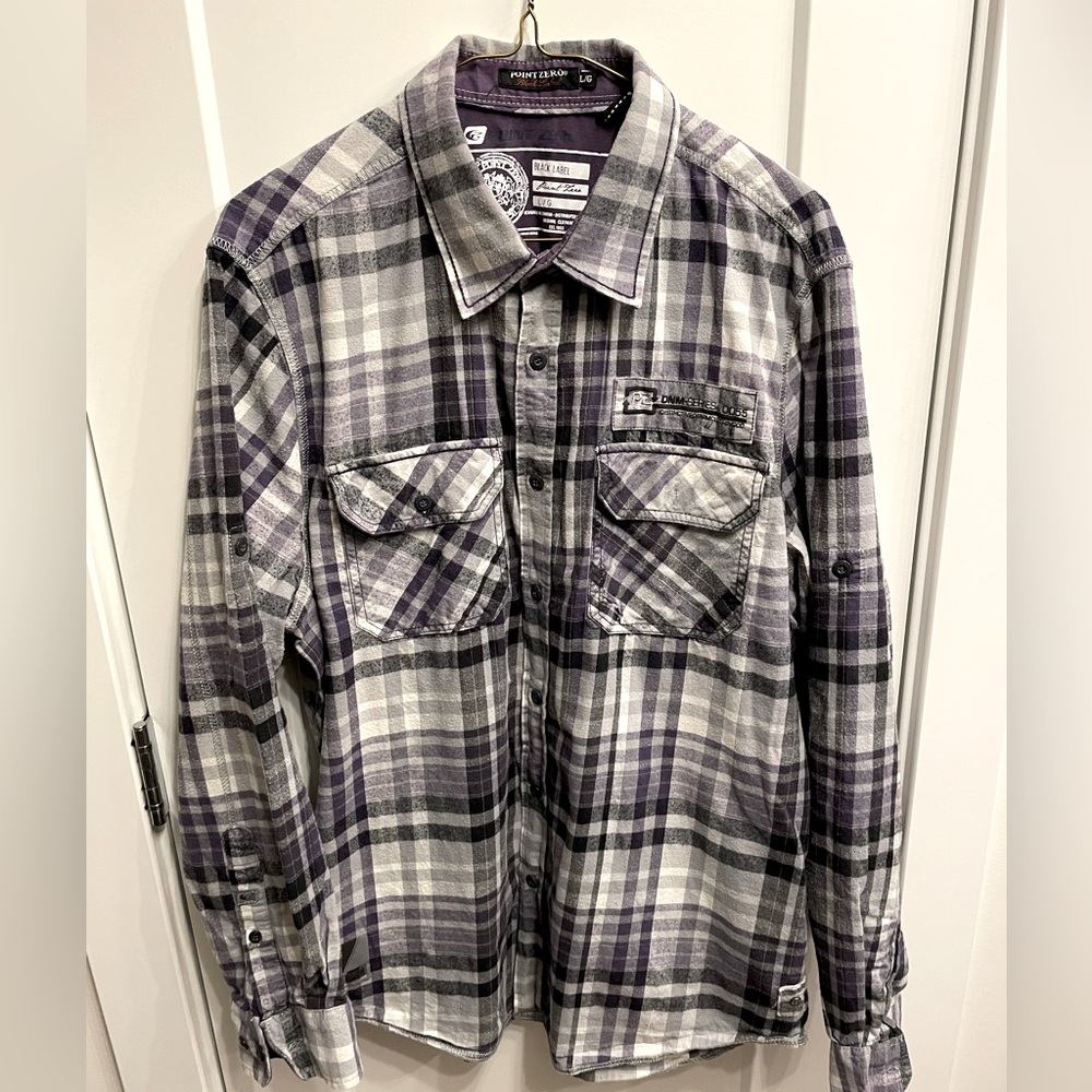 Men’s large flannel shirt, purple and black plaid.